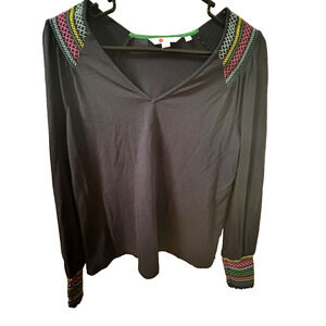 BODEN Isabelle Smocked Jersey Top V-Neck Cut Navy Blouse Navy Shirt Size 4